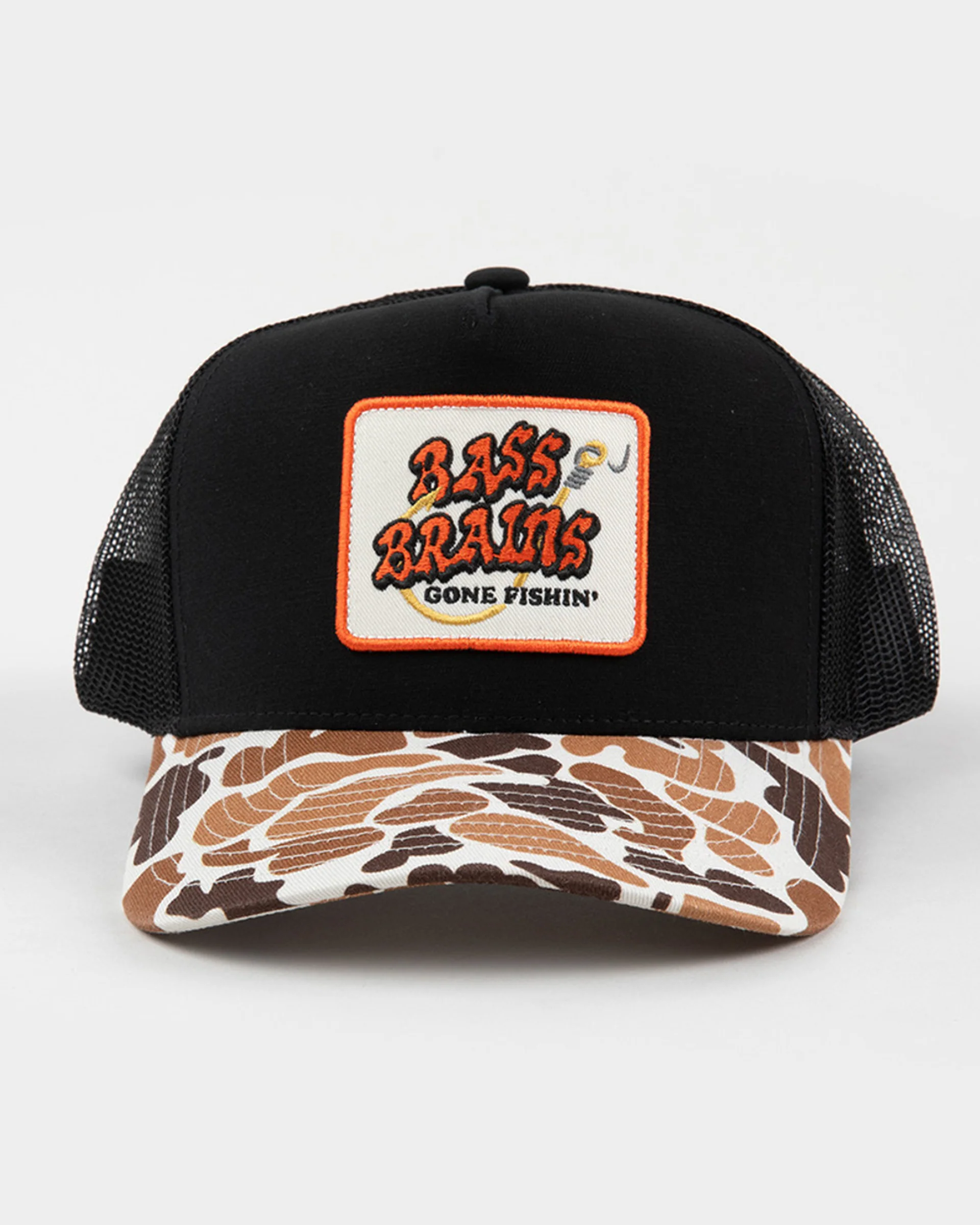 Bass Brains Gone Fishing Trucker Hat - Camo / Black - Image 2