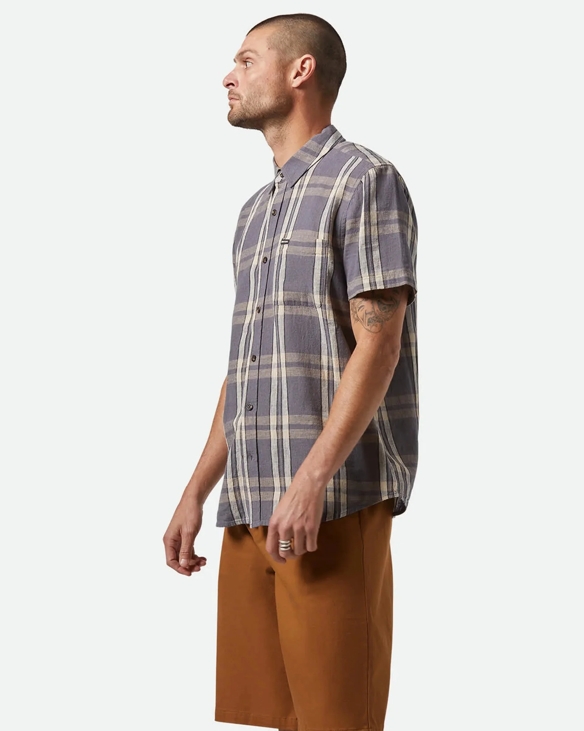 Charter Linen Blend S/S Woven Shirt - Charcoal/Beige Plaid - Image 3