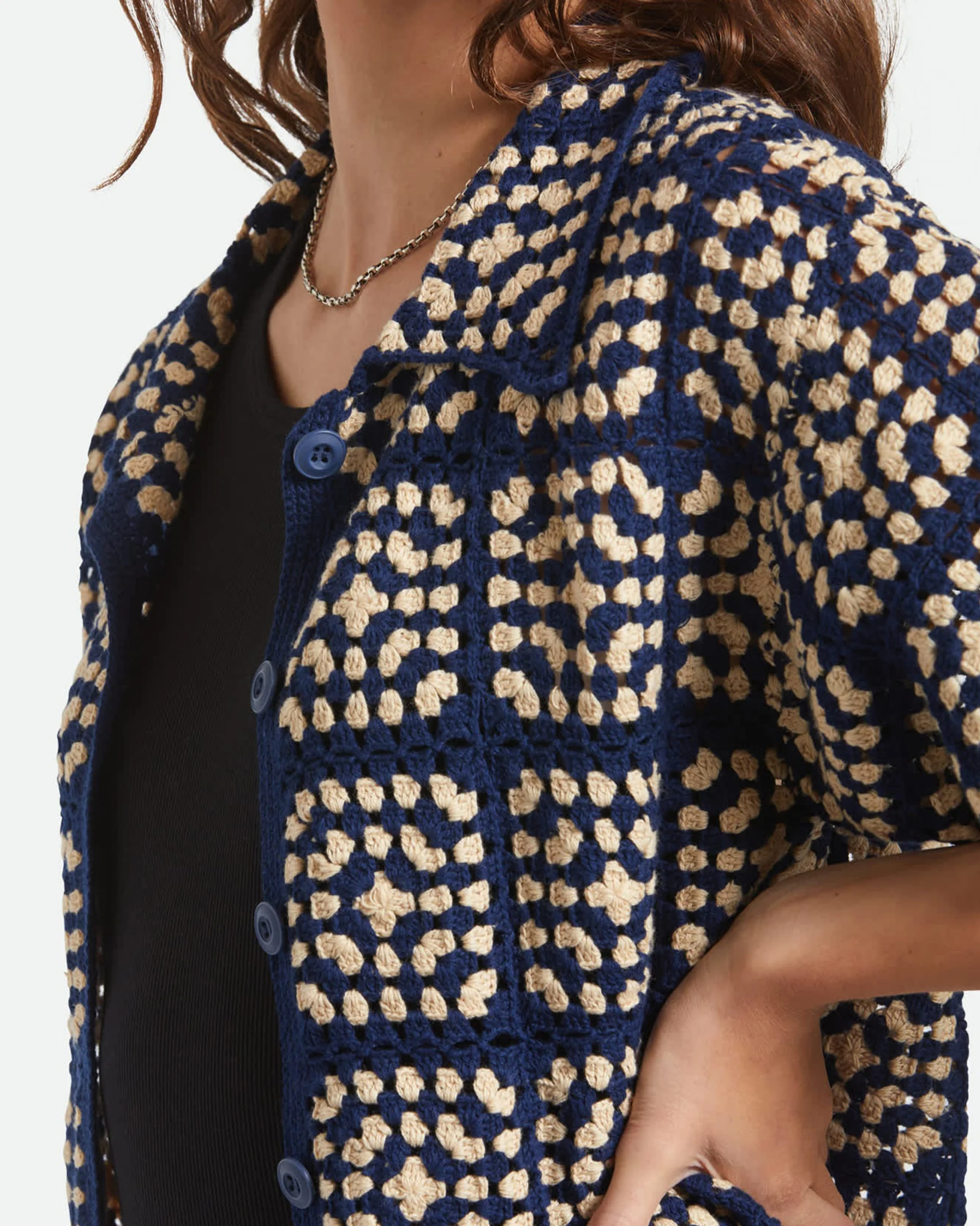 Crochet S/S Button Down Shirt - Mood Indigo/Off White - Image 5