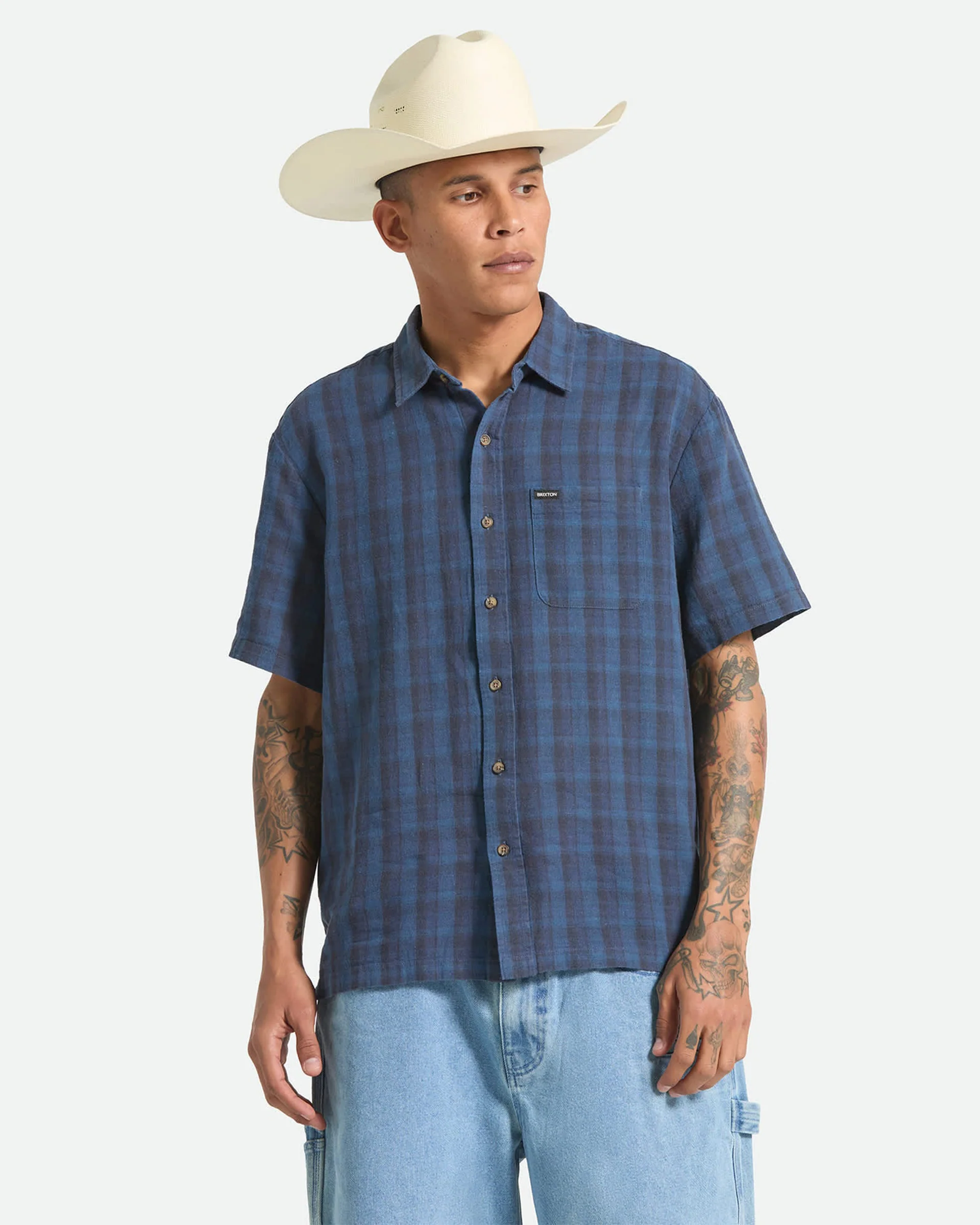 Cru Linen Blend Plaid S/S Shirt - Dark Blue/Black Plaid - Image 2