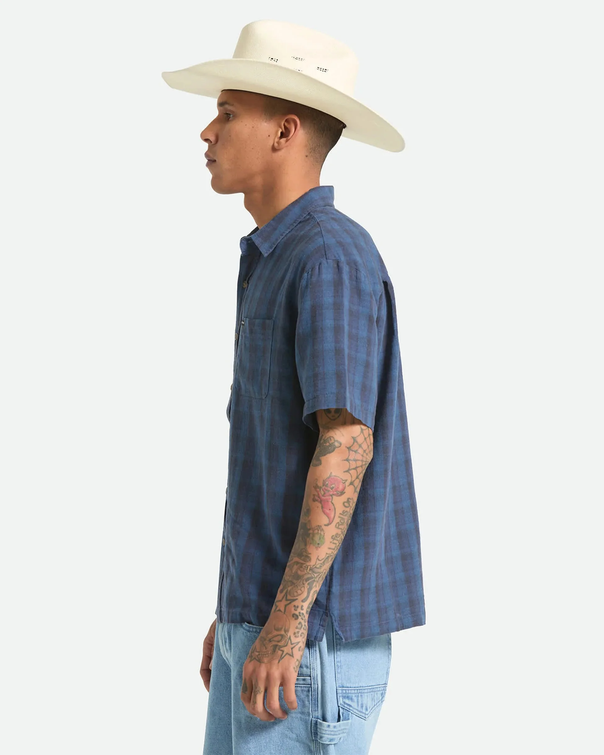Cru Linen Blend Plaid S/S Shirt - Dark Blue/Black Plaid - Image 3
