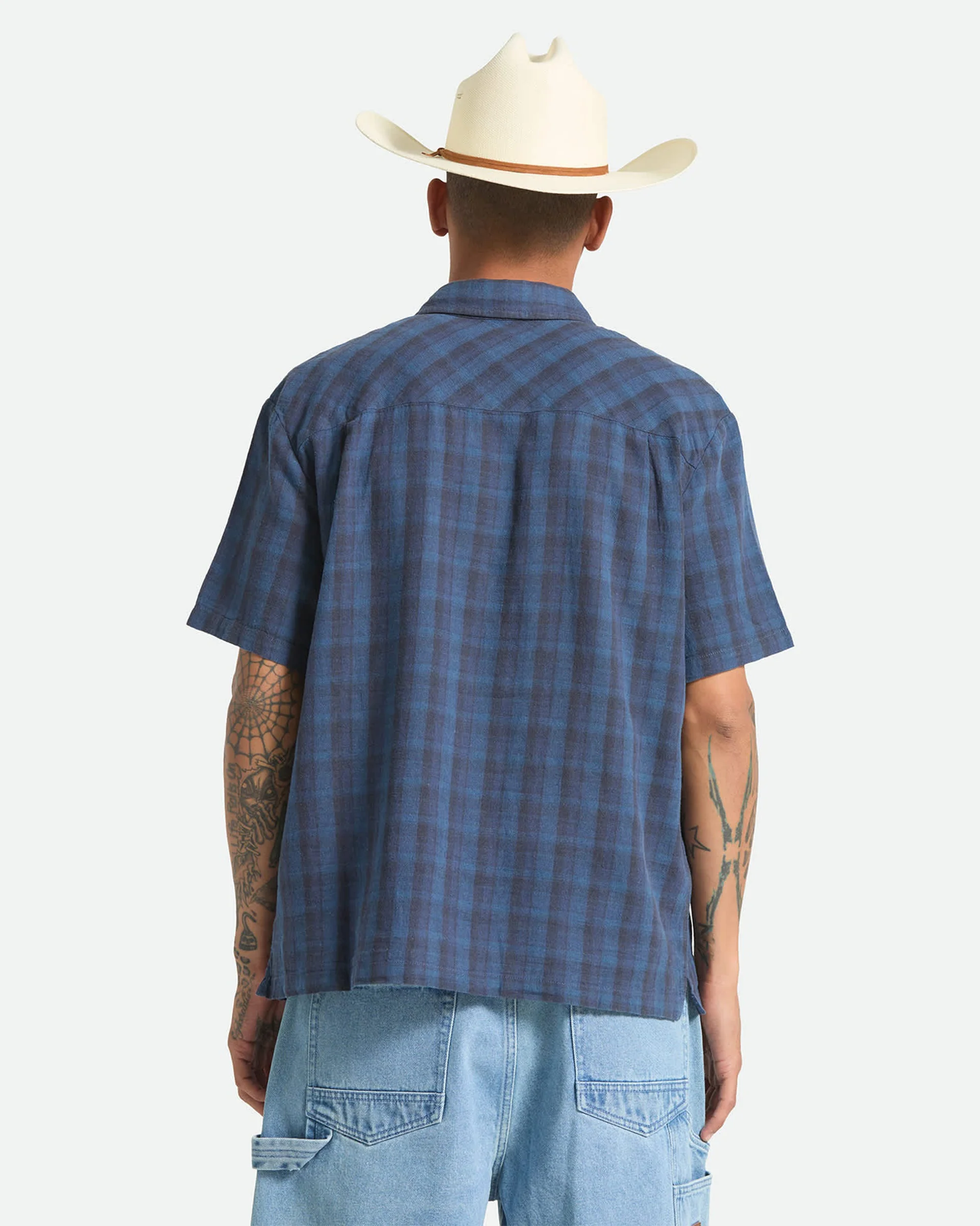 Cru Linen Blend Plaid S/S Shirt - Dark Blue/Black Plaid - Image 4