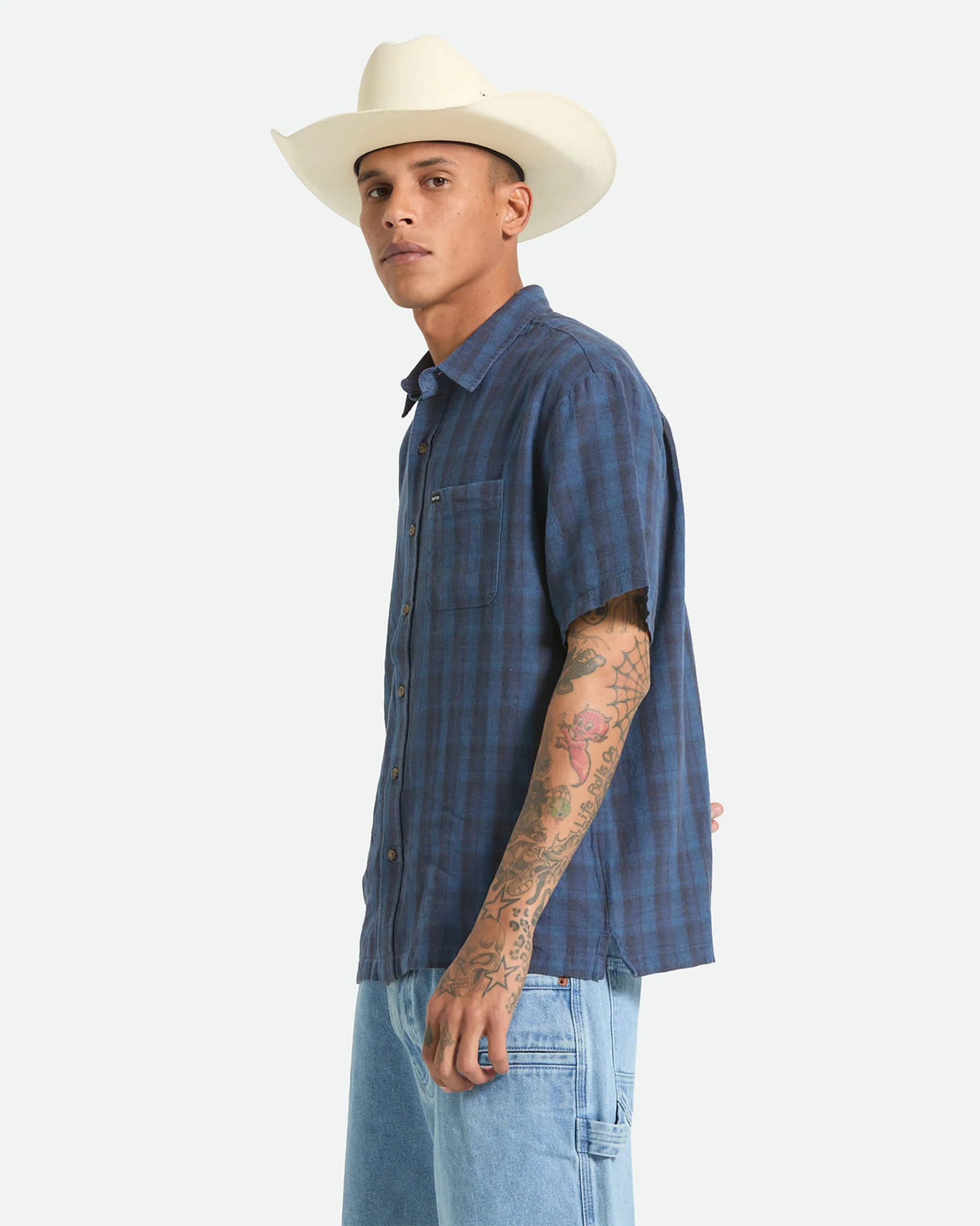 Cru Linen Blend Plaid S/S Shirt - Dark Blue/Black Plaid - Image 5