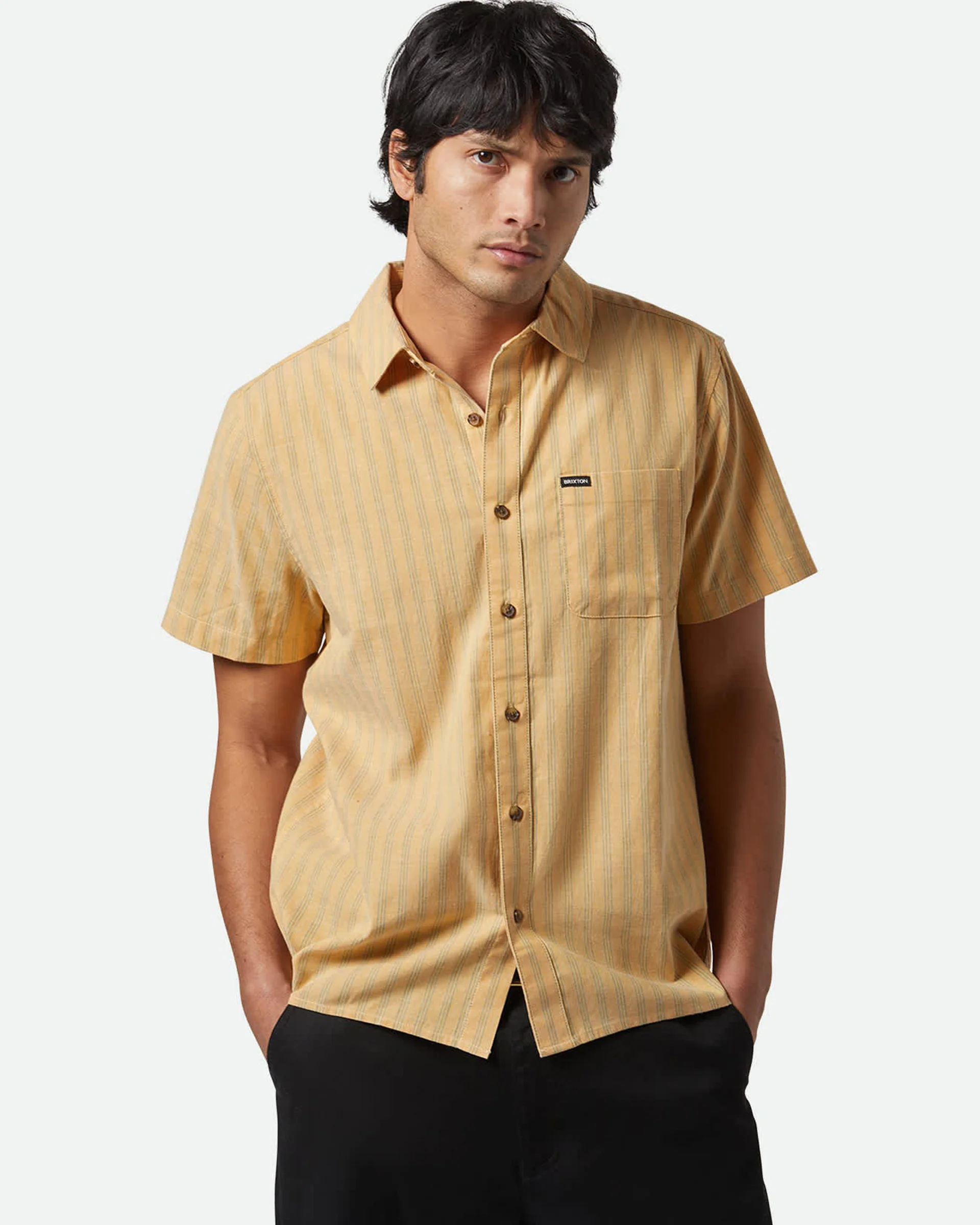 Cru Oxford Stripe S/S Shirt - Curry/Ivy Green Stripe - Image 2