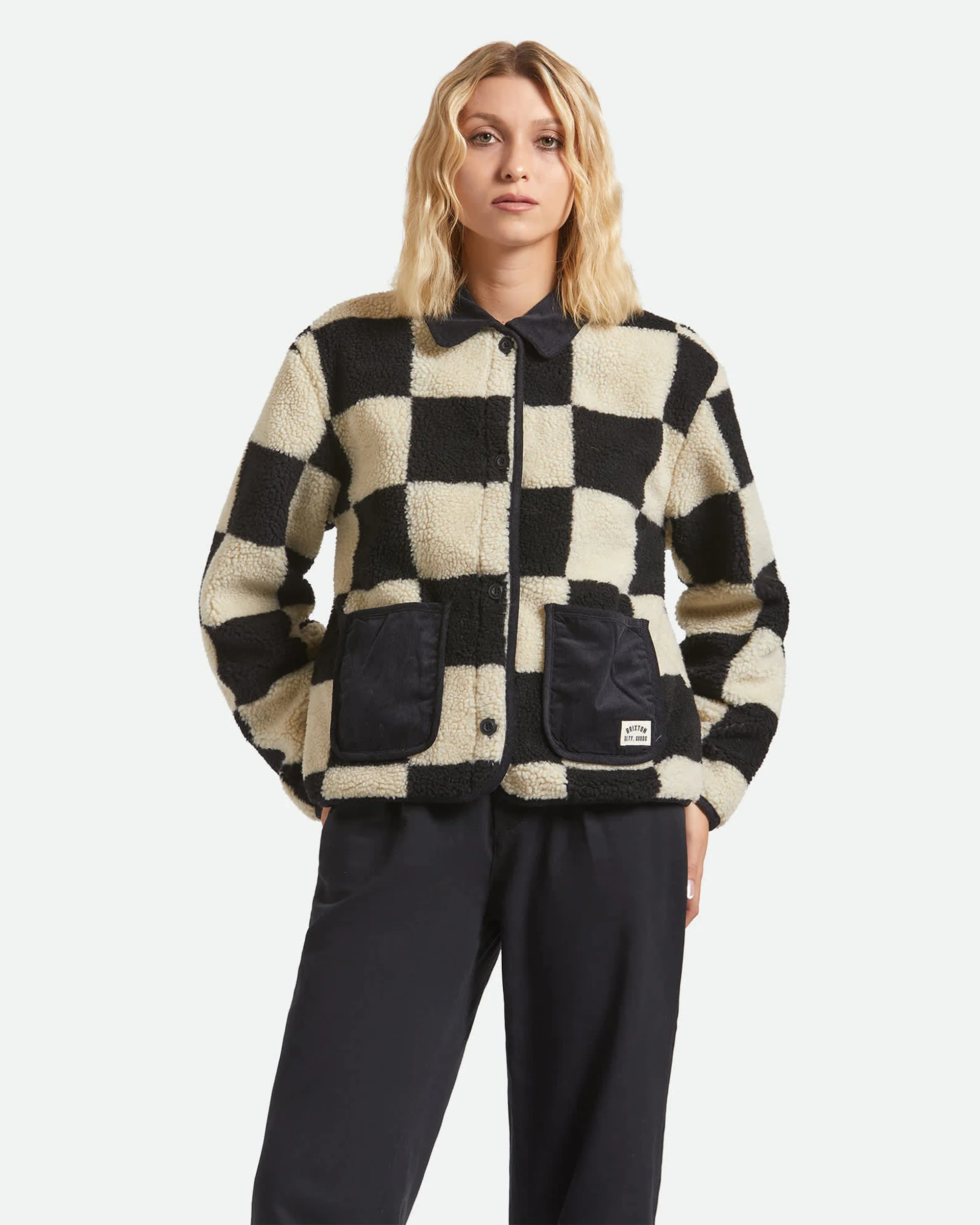 Delilah Sherpa Jacket - Black/Natural Finish Line Checker - Image 3