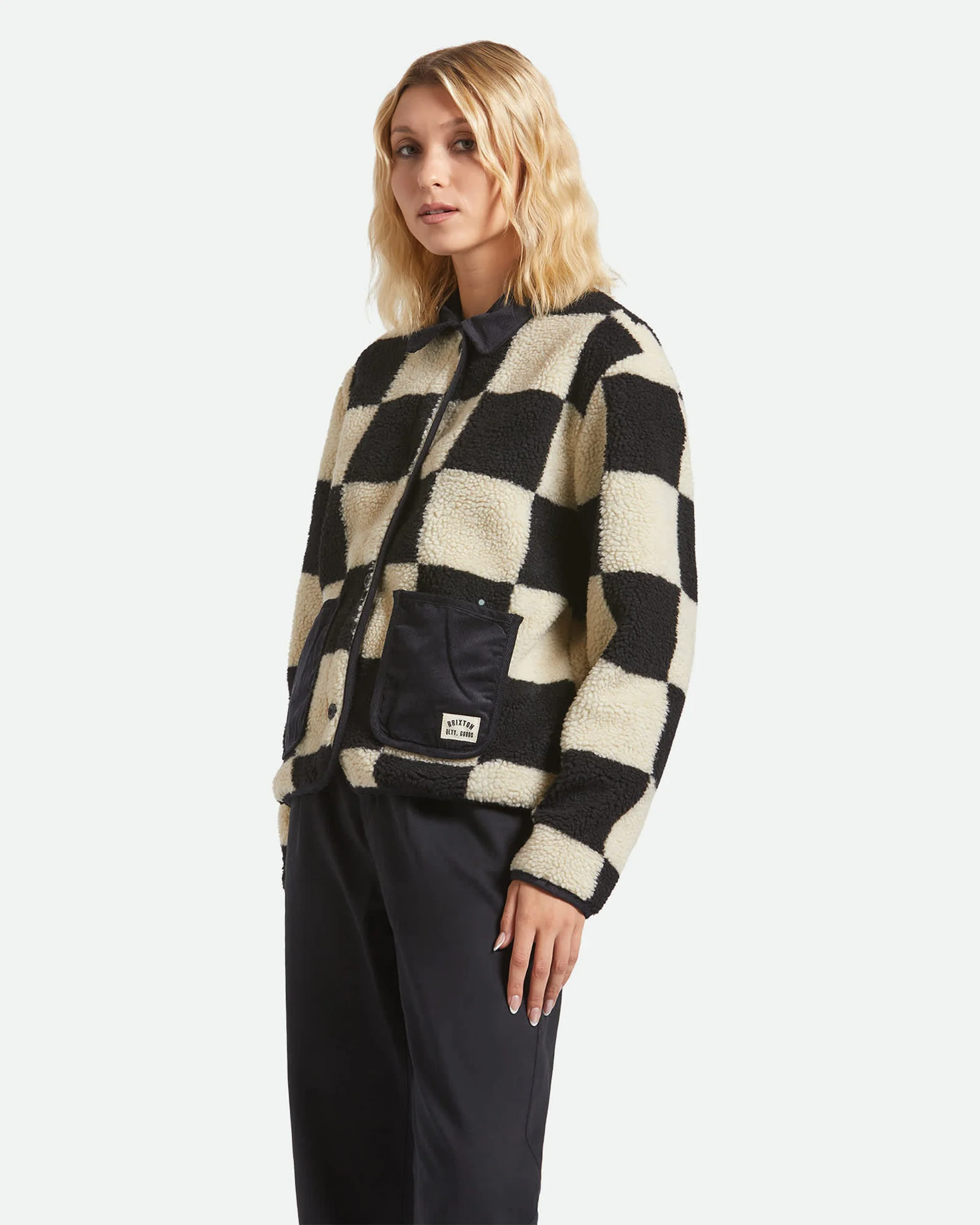 Delilah Sherpa Jacket - Black/Natural Finish Line Checker - Image 4
