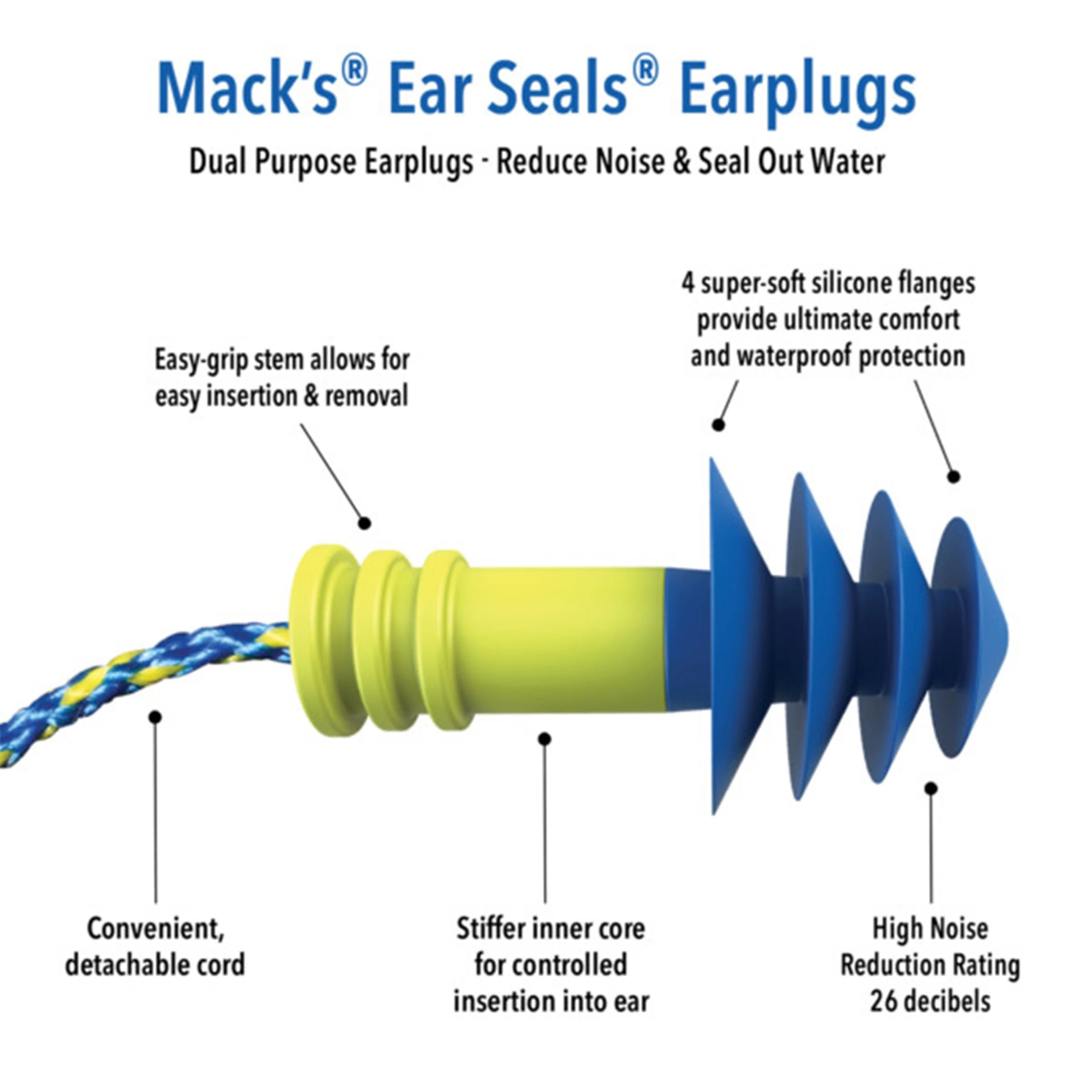 Mack's Ear Seals® Dual Purpose Ear Plugs w/ Leash - Image 2