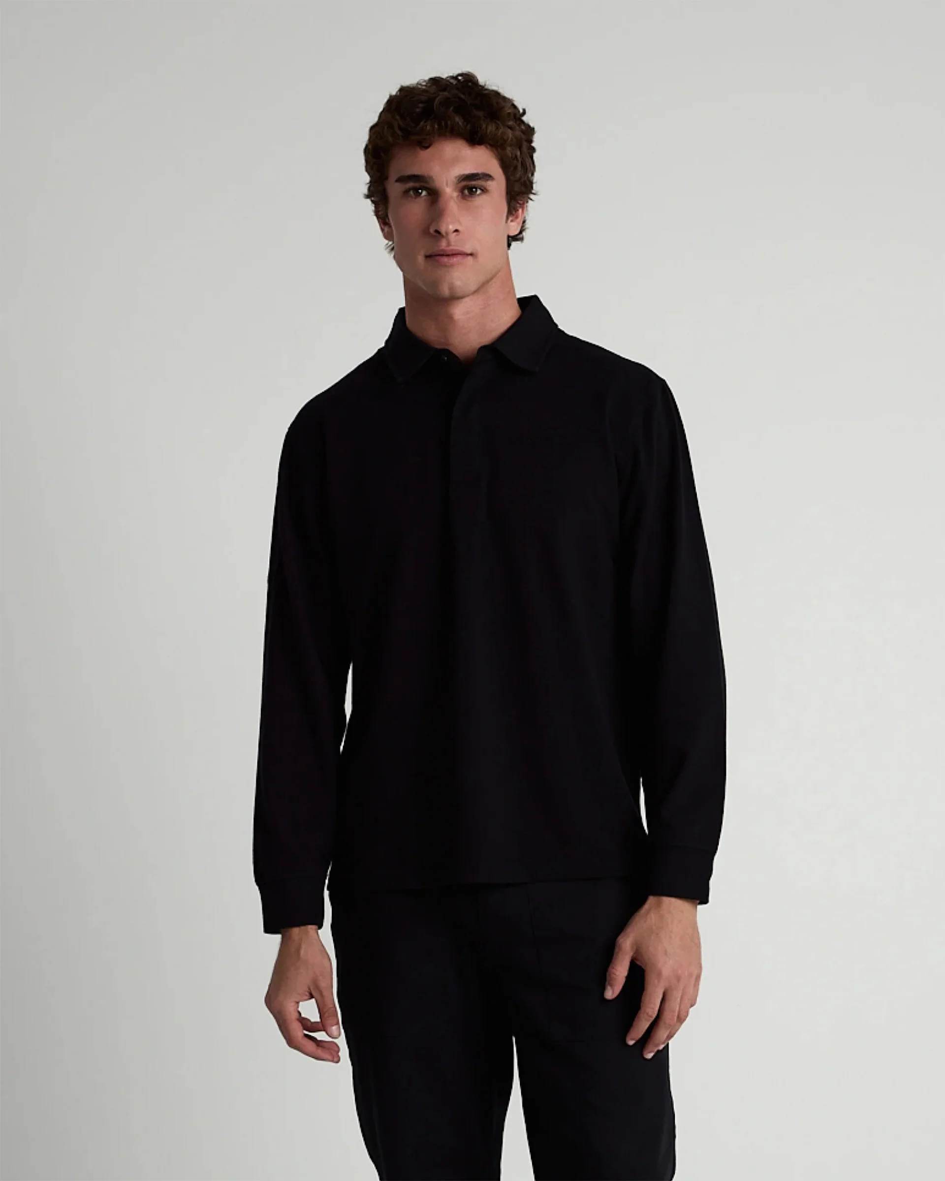 Long Sleeve 3 Button Rugby Polo - Black