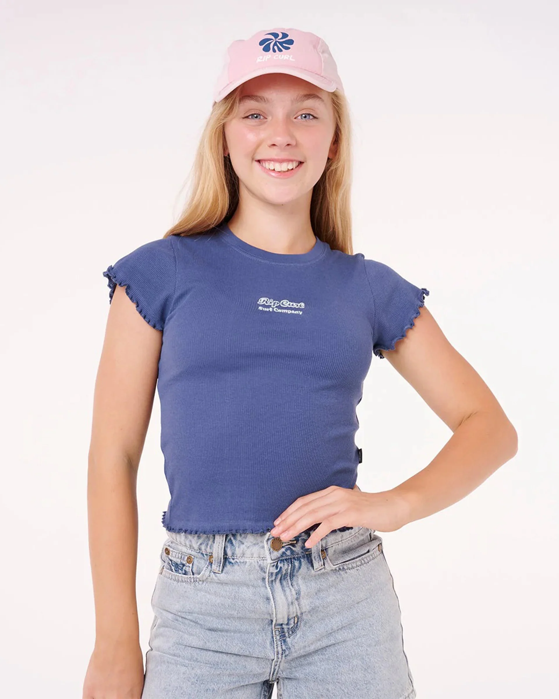 Girls Paradise Club Rib S/S T-Shirt - Washed Navy - Image 4