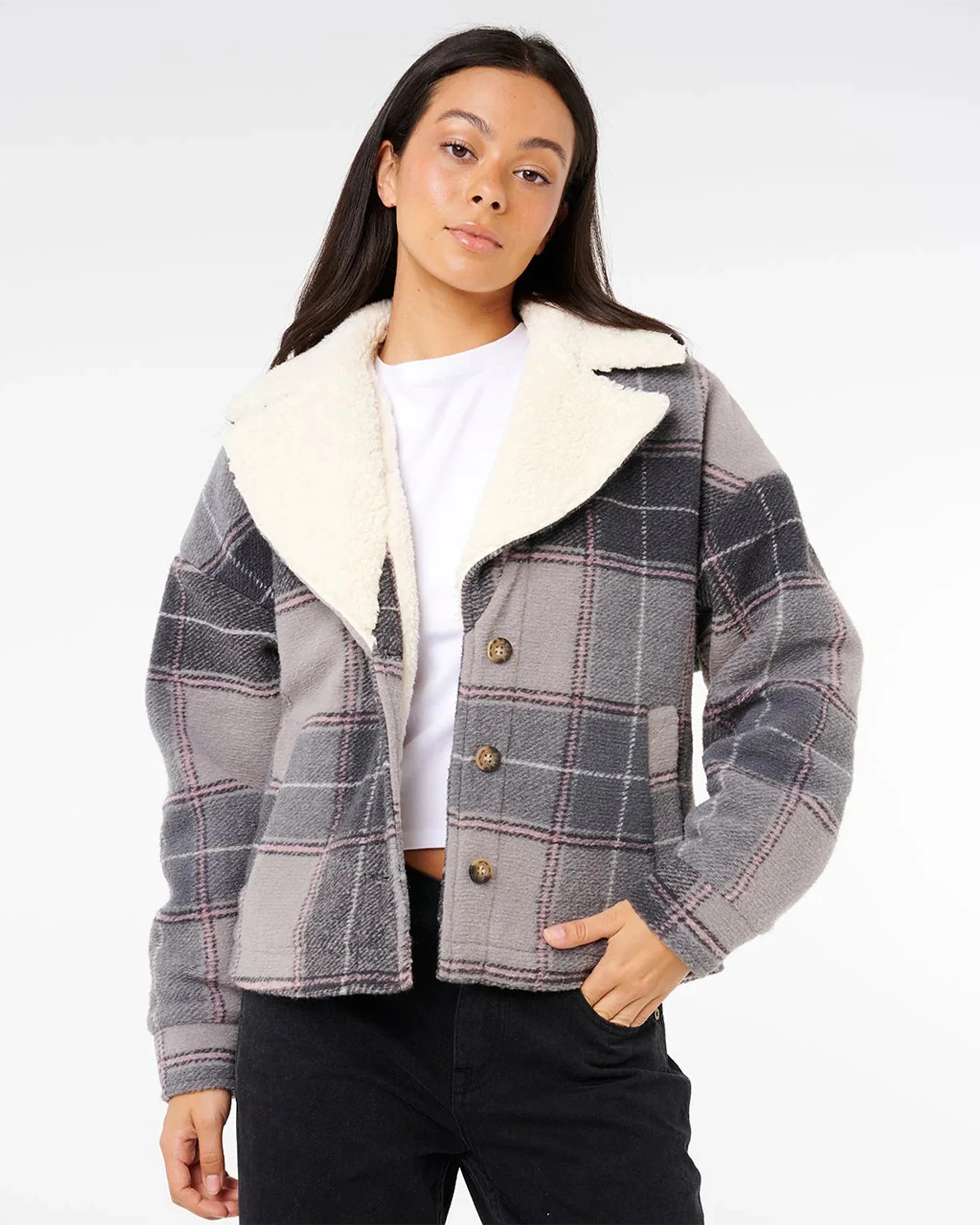 Women's Sunset Luau Check Shacket - Washed Black - Image 6