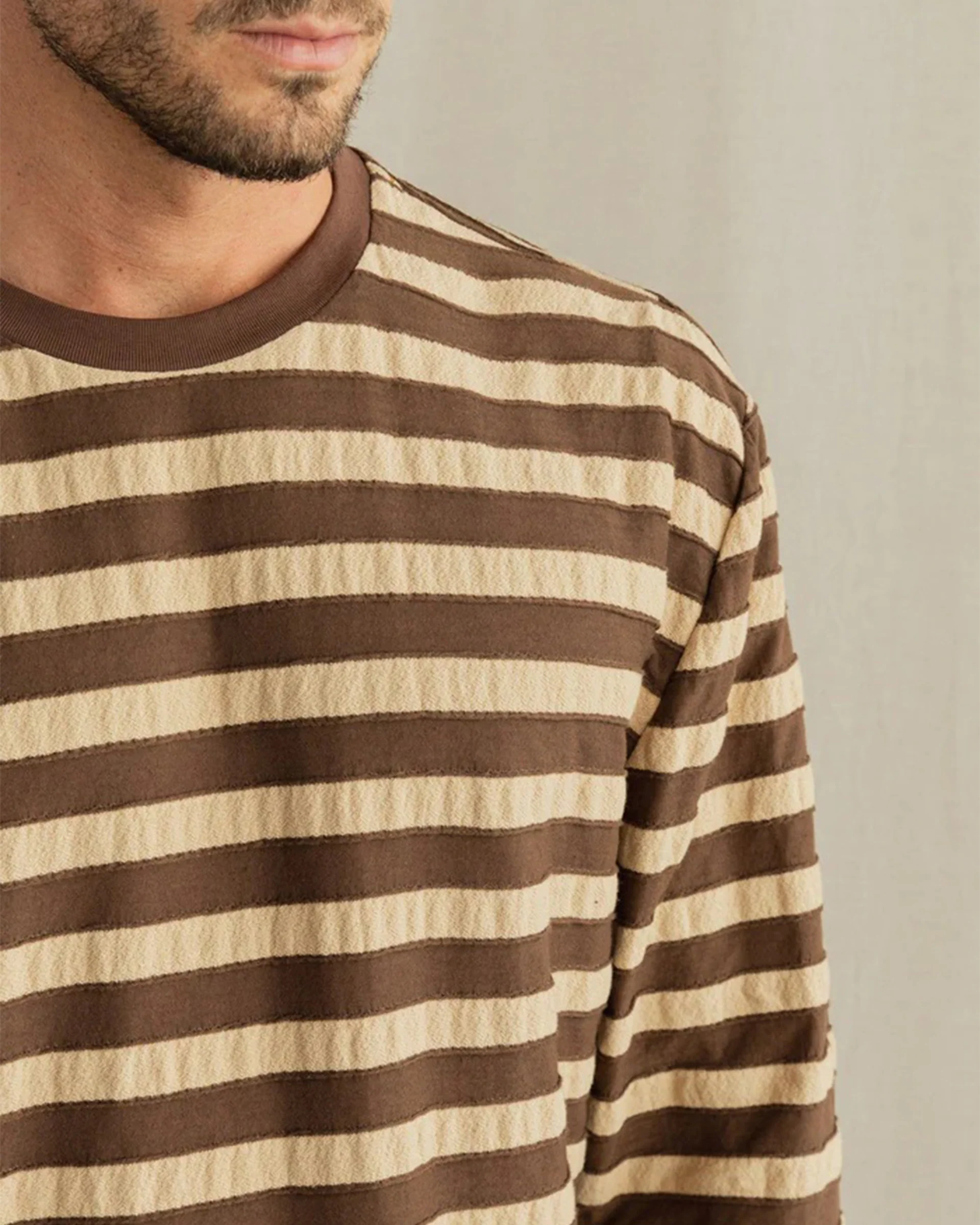 Textured Stripe L/S T-Shirt - Brown - Image 4