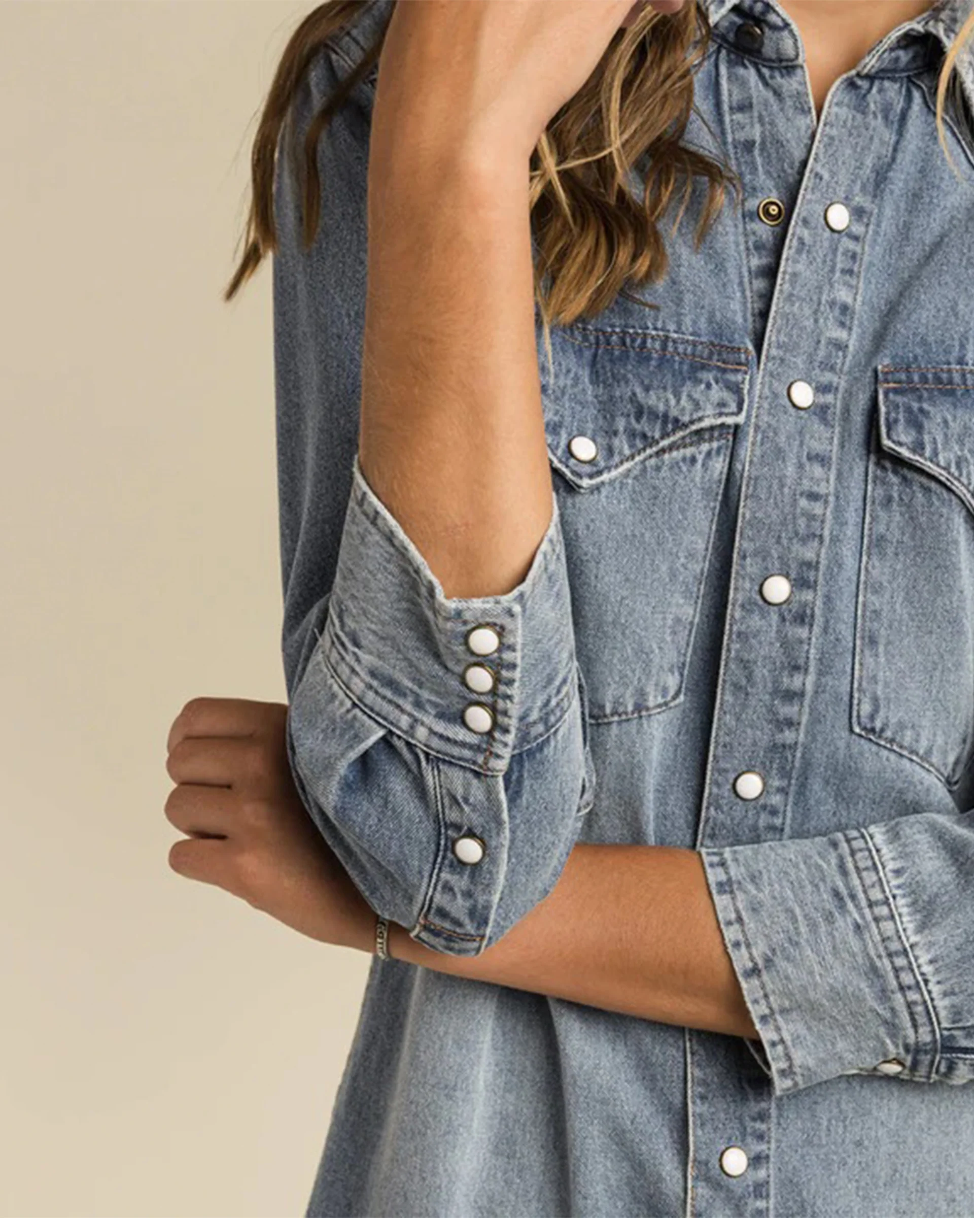 The Annie Pearl Snap Shirtdress - Classic Denim - Image 3