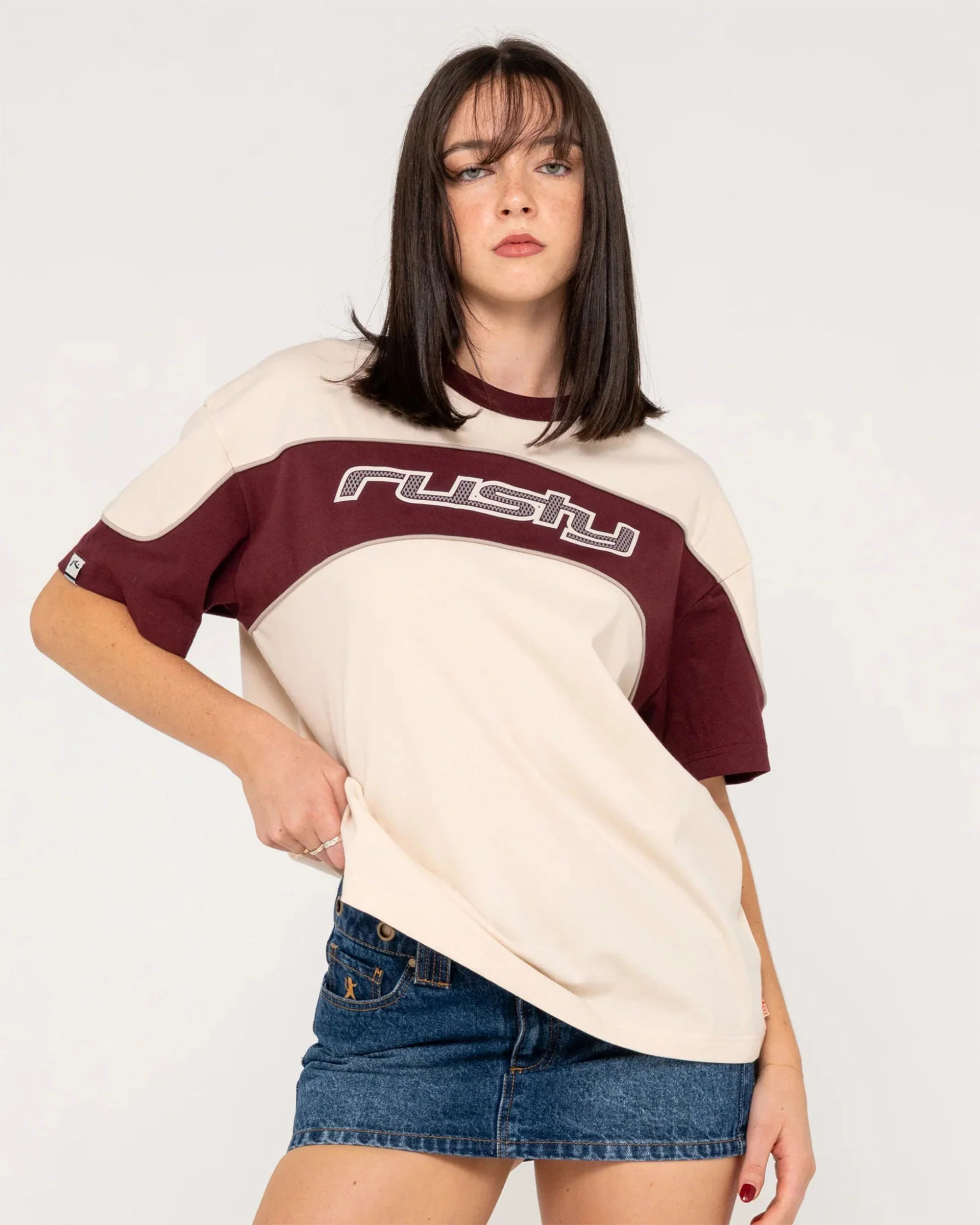 Women's Kinetic Oversize S/S T-Shirt - Cream/Burgundy