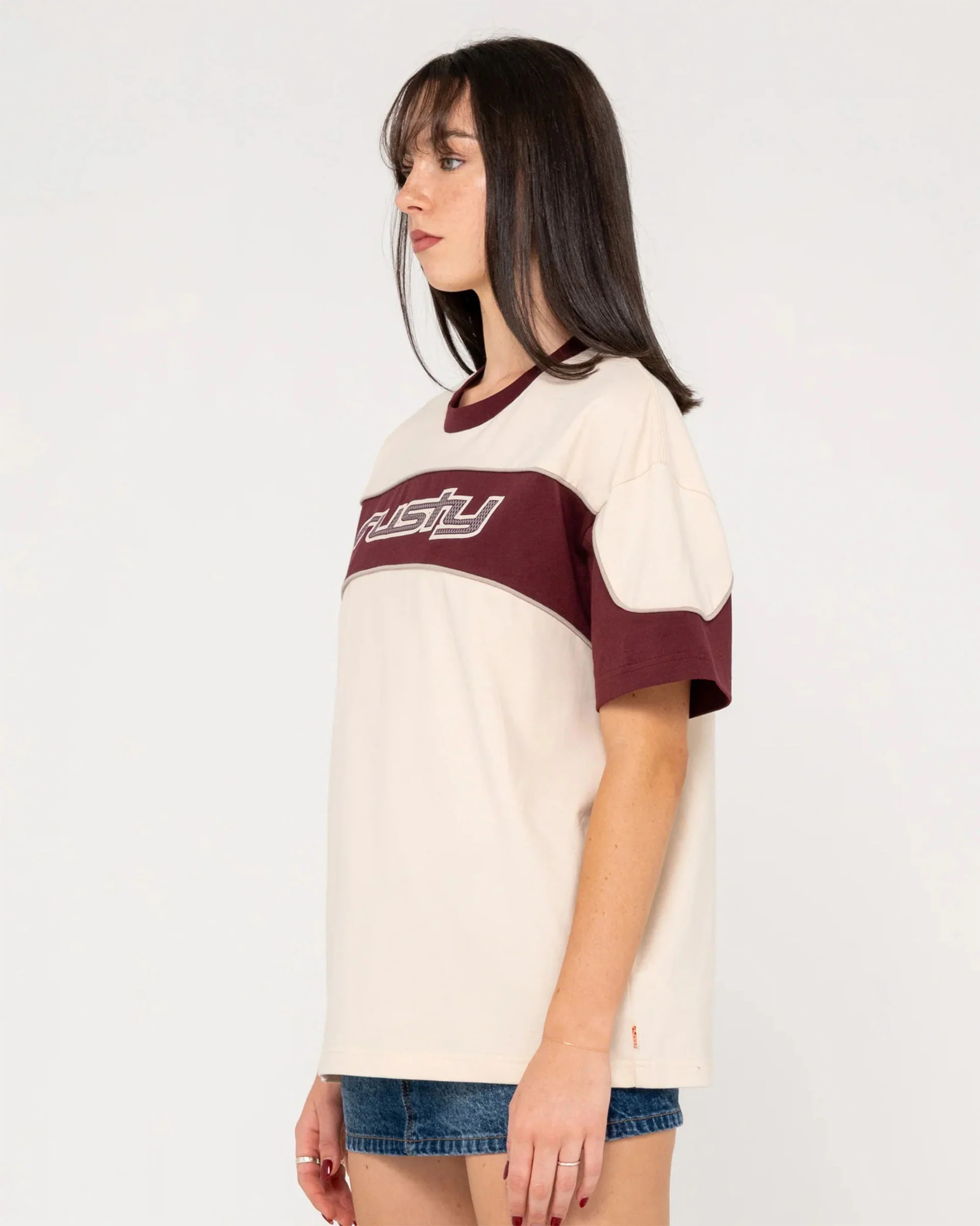 Women's Kinetic Oversize S/S T-Shirt - Cream/Burgundy - Image 3
