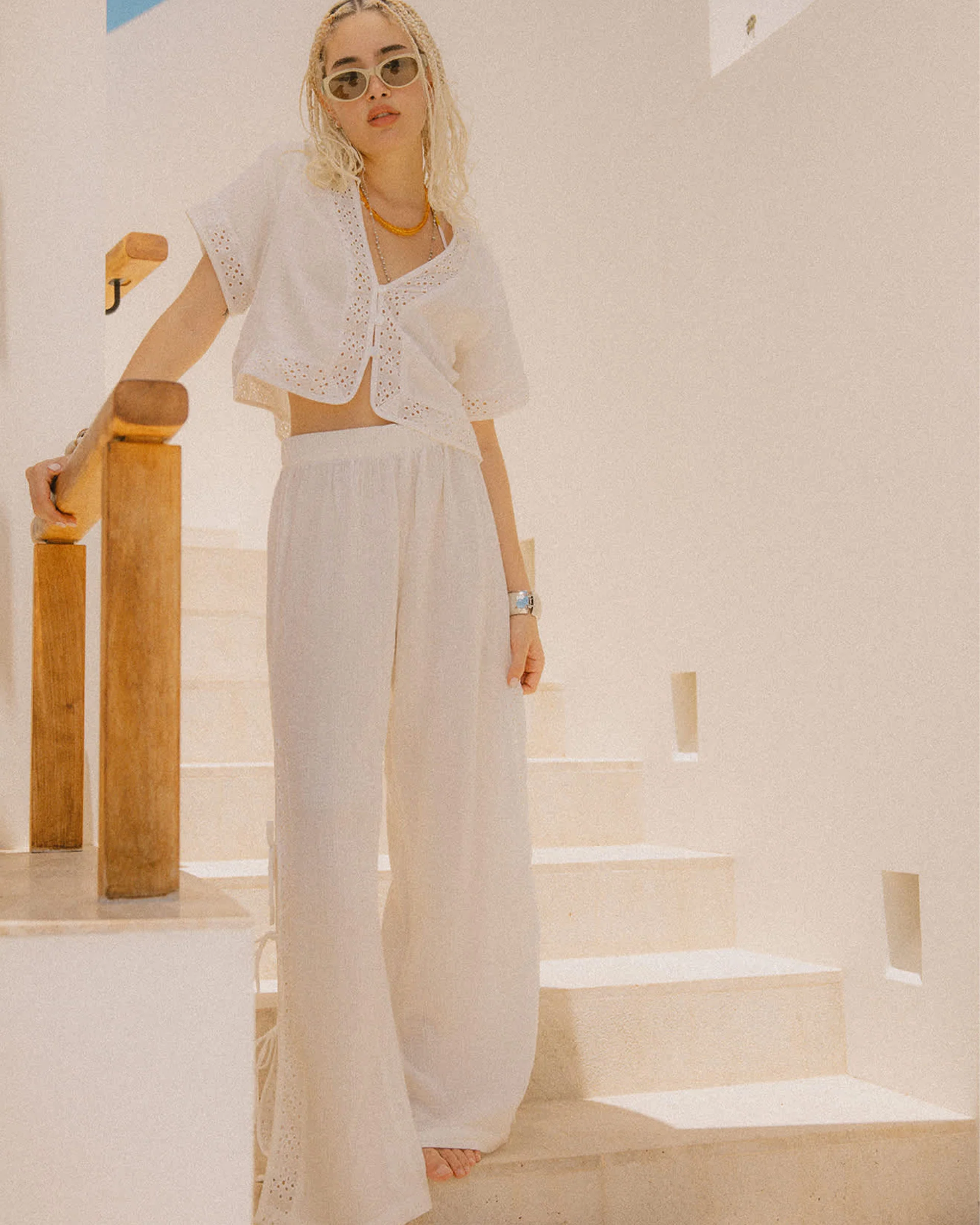 Women's Seaside Eyelet Wide Leg Pant - Off White Eyelet
