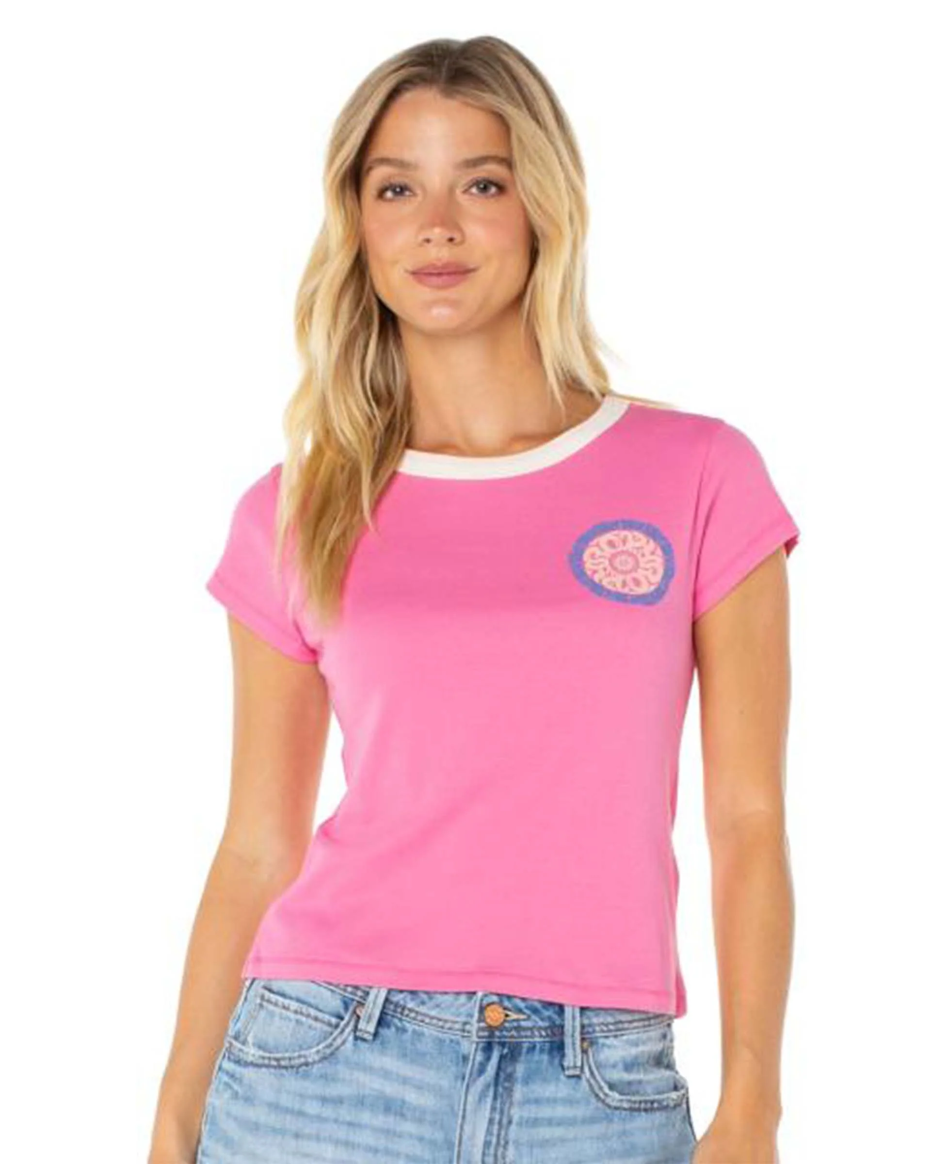 Women's Surf Life 90's Baby Ringer Tee - Shocking Pink