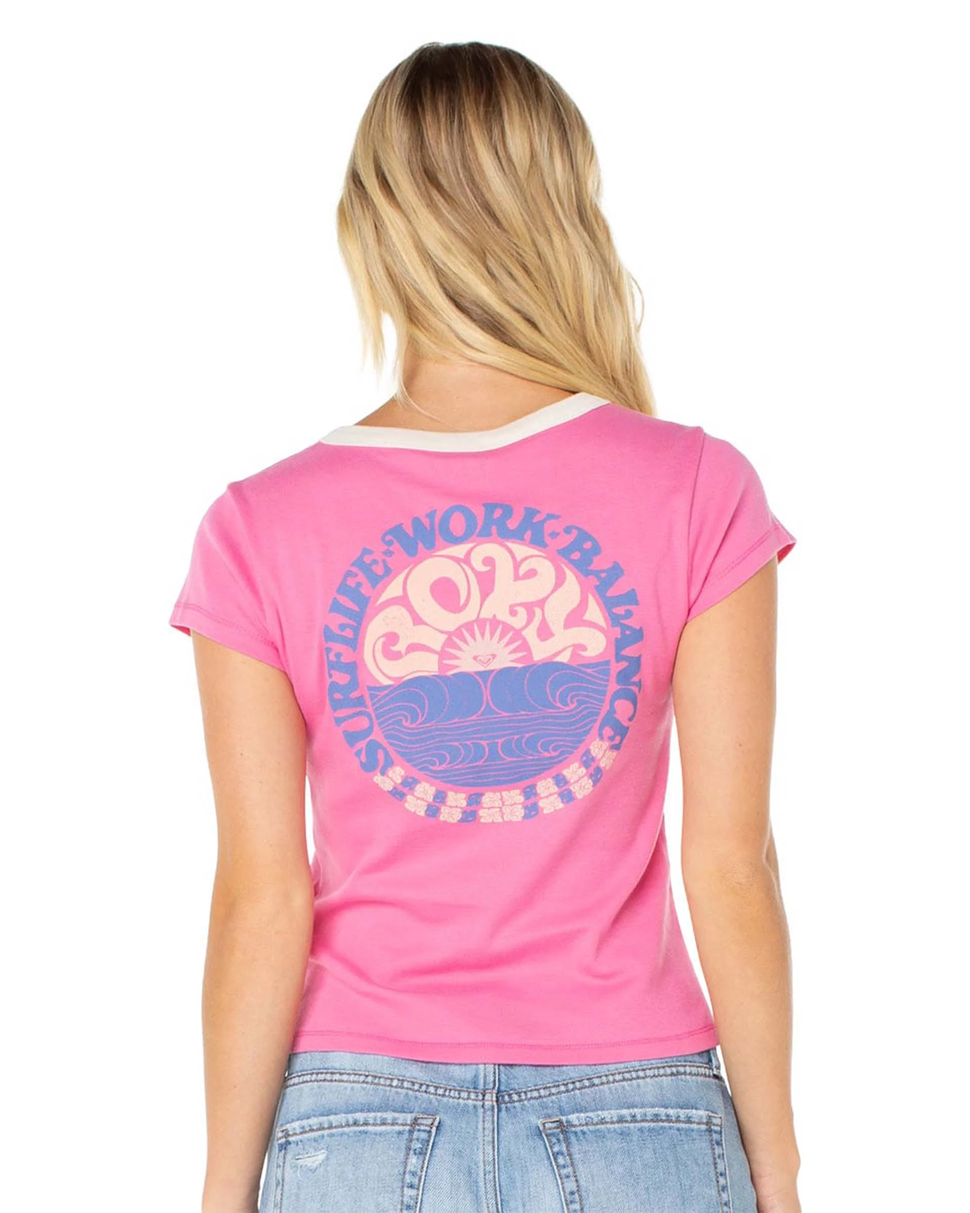 Women's Surf Life 90's Baby Ringer Tee - Shocking Pink - Image 2