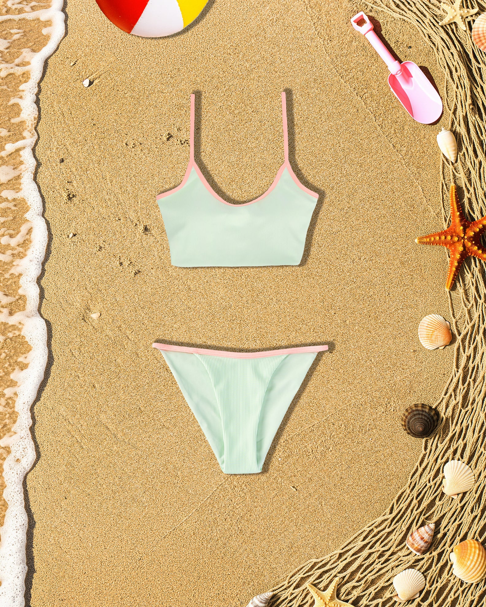 Youth Capri Ribbed Swim Set - Soft Coral/Mint - Image 3